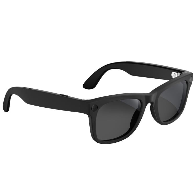 Black smart glasses with dark lenses, shown from an angled side view