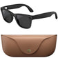 Black smart sunglasses with dark lenses and a brown charging case