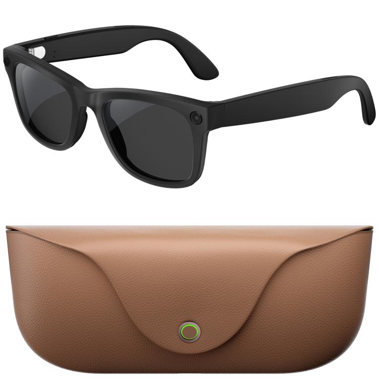 Black smart sunglasses with dark lenses and a brown charging case