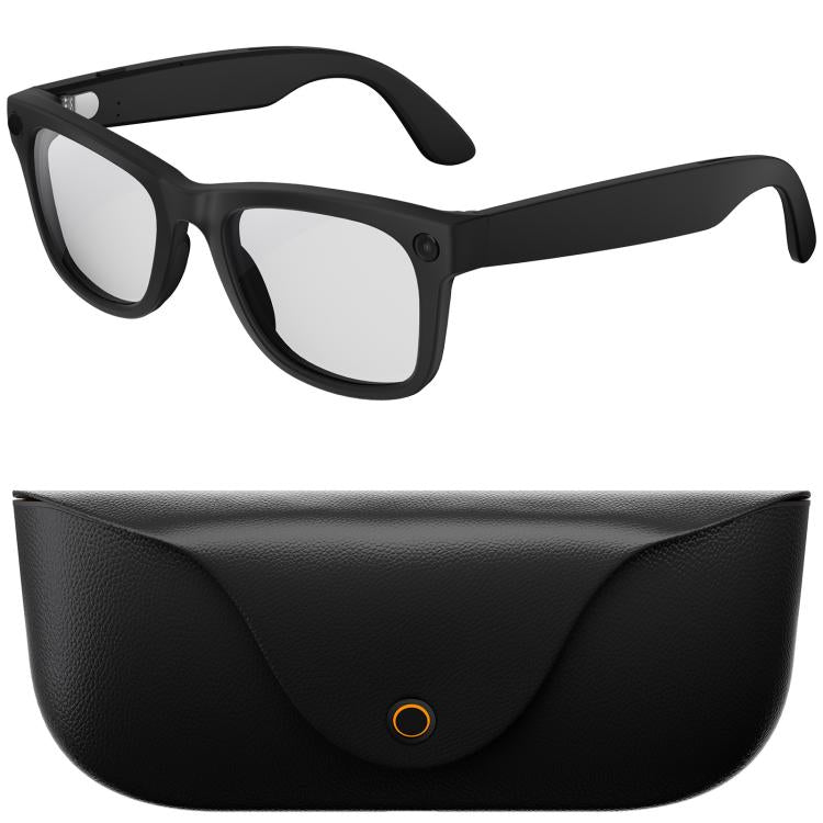 Black smart glasses with clear lenses and a black charging case