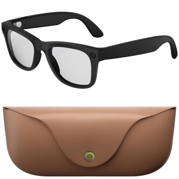Black smart glasses with clear lenses and a brown charging case