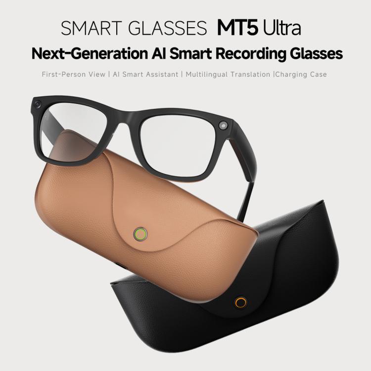 Black smart glasses with clear lenses and brown and black charging cases