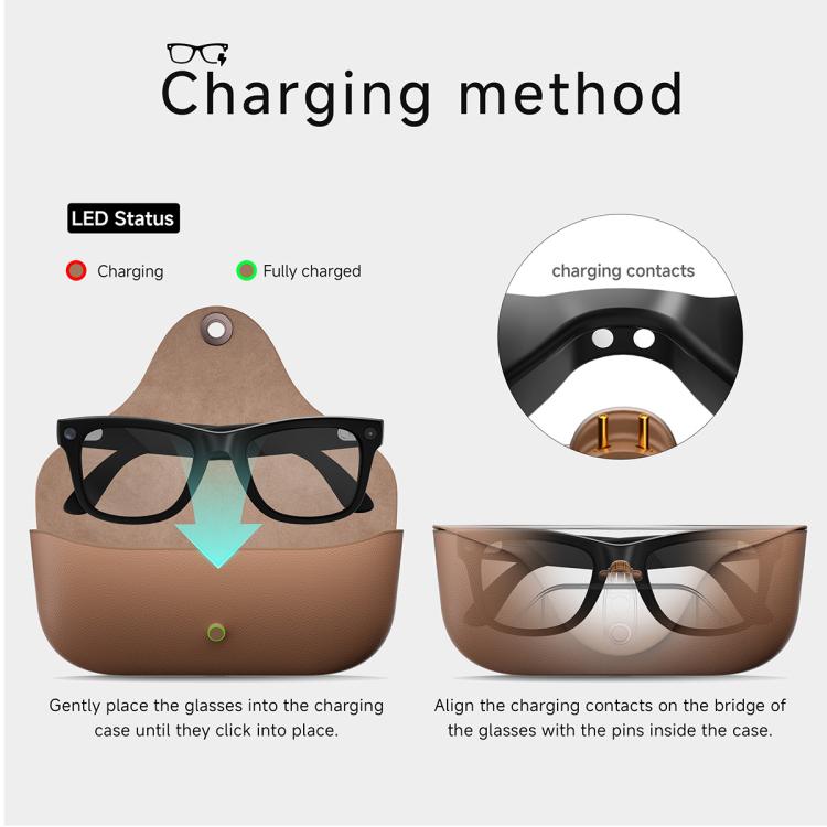 Smart glasses shown aligning with charging contacts inside a brown charging case.