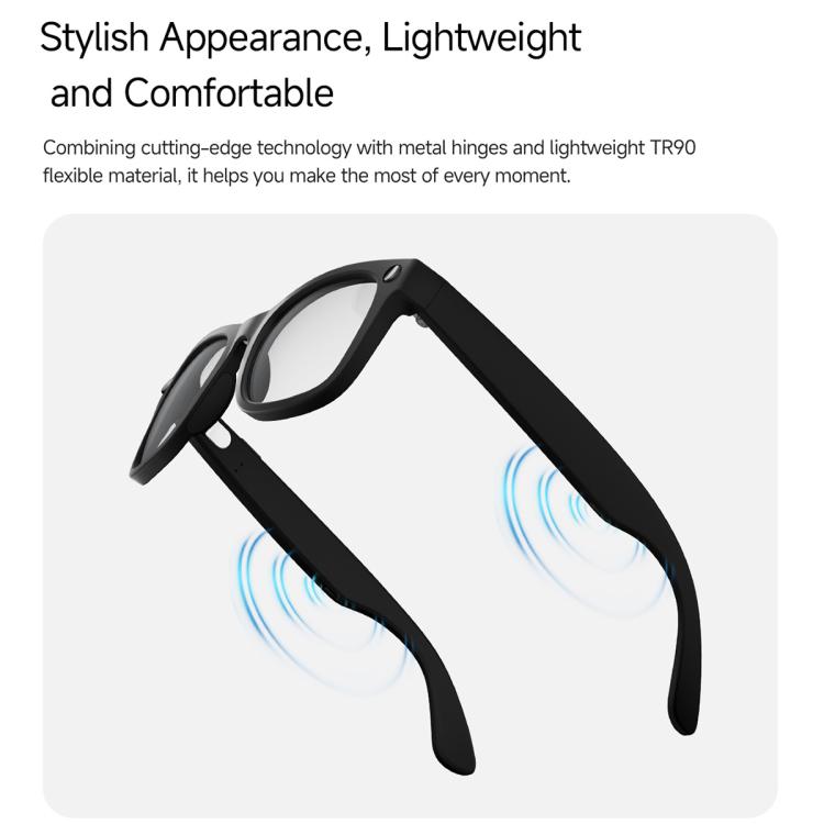 Black smart glasses with rectangular frames and slim temples, shown from the side.