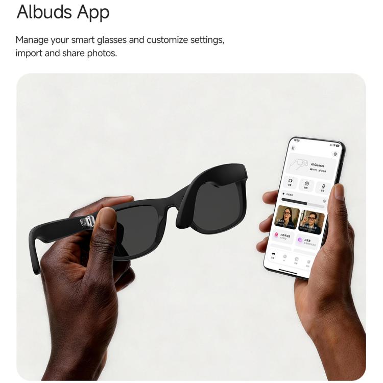 Black smart glasses held beside a smartphone displaying their companion app.