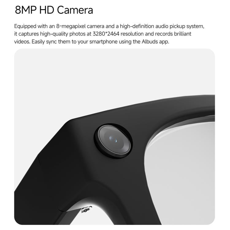 Close-up of the small camera lens built into the black smart glasses frame.