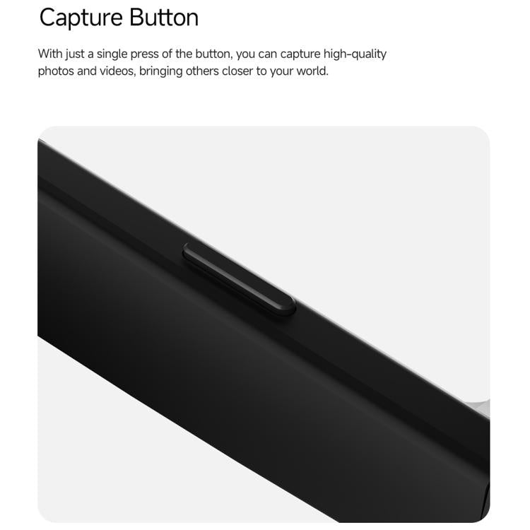 Close-up of the slim capture button on the black smart glasses temple.