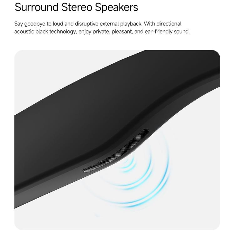 Close-up of the speaker grille built into the black smart glasses temple.