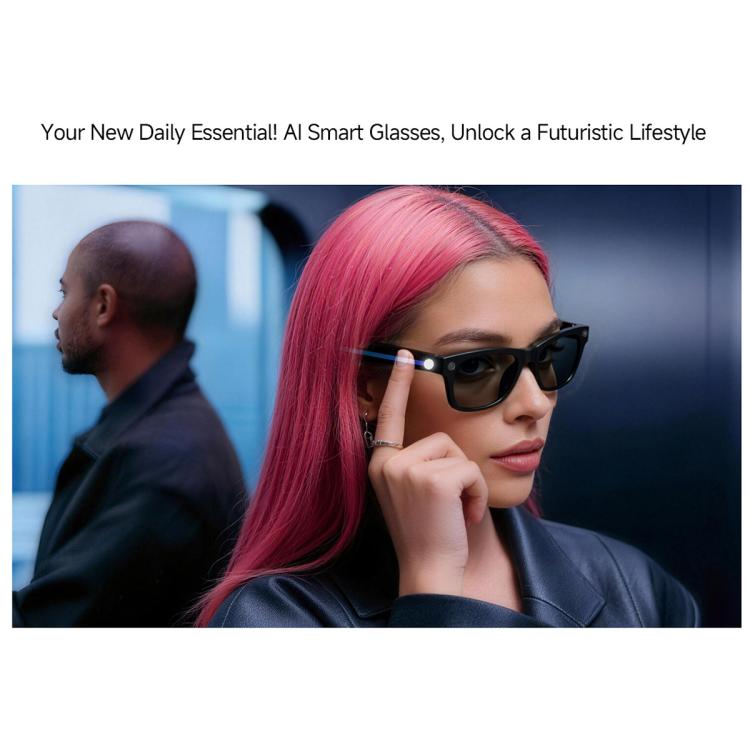 Black smart glasses with dark lenses worn by a woman