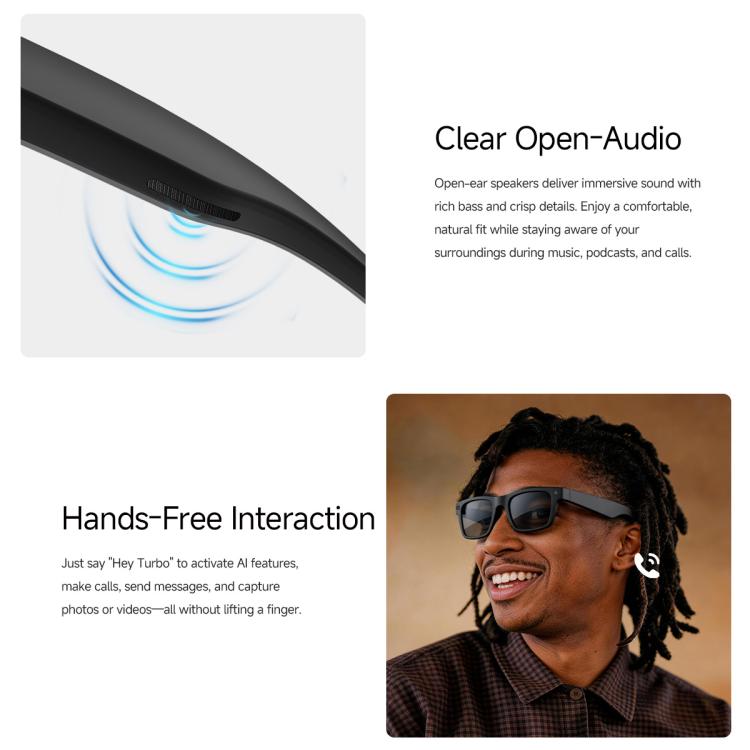 Black smart glasses with open-ear audio speaker built into the temple