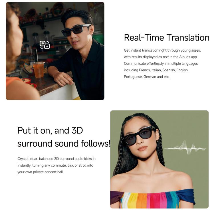 Black smart glasses with dark lenses shown during use