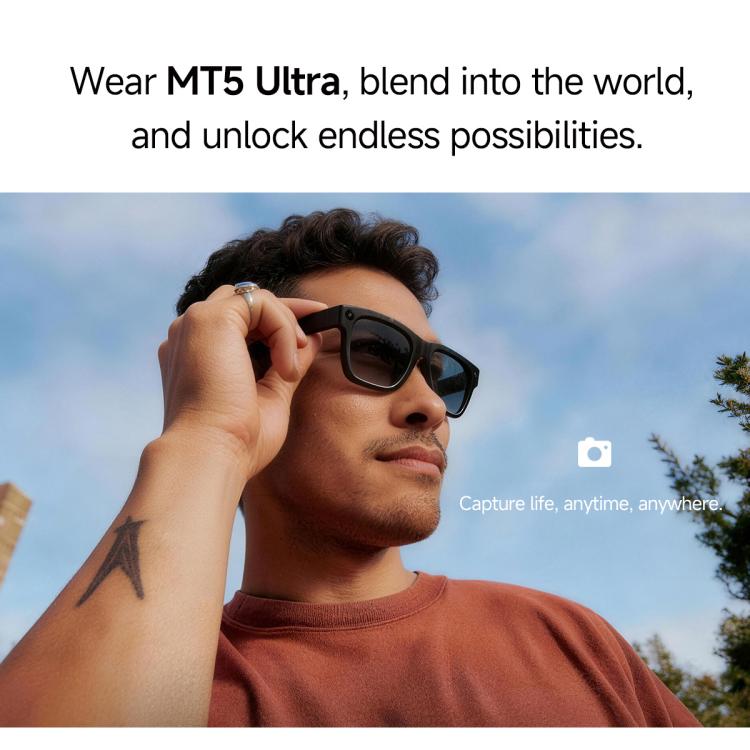 Black smart glasses with dark lenses worn outdoors