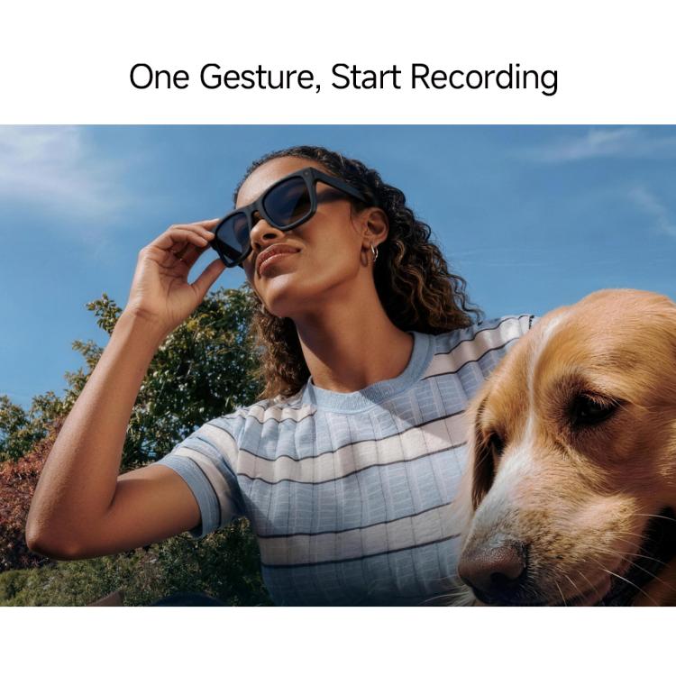 Black smart glasses with dark lenses worn by a woman beside a dog