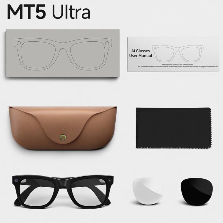 MT5 Ultra smart glasses kit with frames, interchangeable lenses, case, cloth, and manual