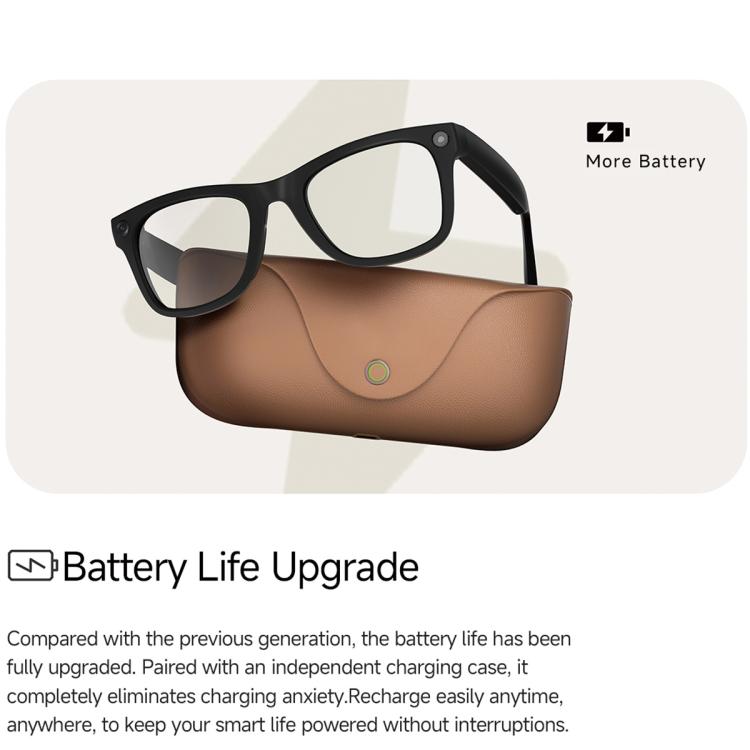 Black smart glasses with clear lenses resting on a brown charging case