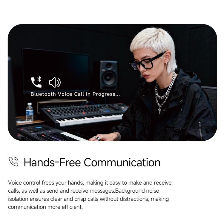 Black smart glasses with clear lenses worn by a person at an audio workstation