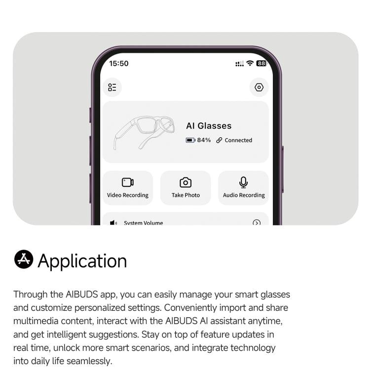 Smart glasses companion app displayed on a phone, with recording controls