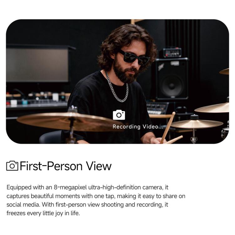 Black smart sunglasses worn by a drummer
