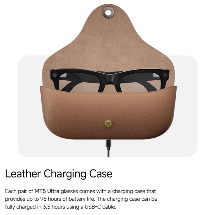 Black smart glasses in an open brown leather charging case.