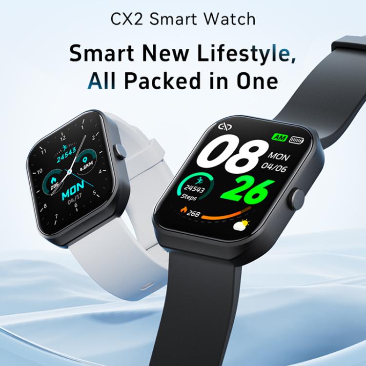 CX2 smart watches with black and light blue straps and digital display faces
