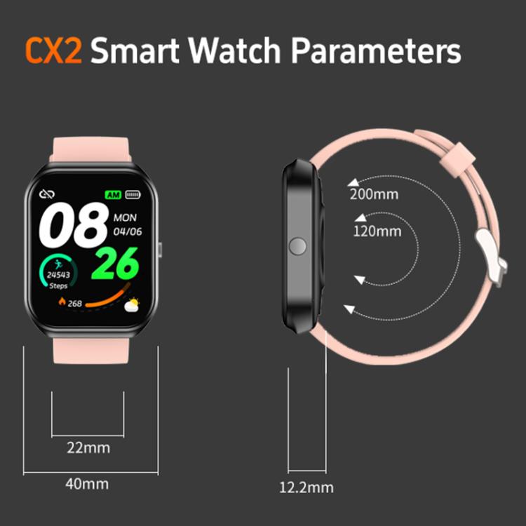 CX2 smart watch with pink strap, shown with case and band measurements