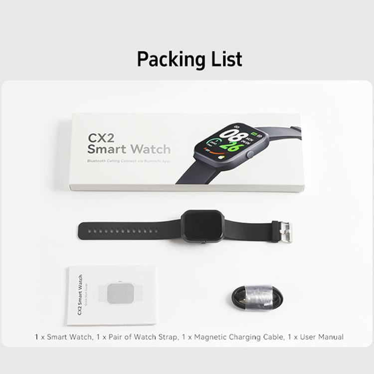 CX2 smart watch kit with watch, spare strap, magnetic charging cable, manual and box