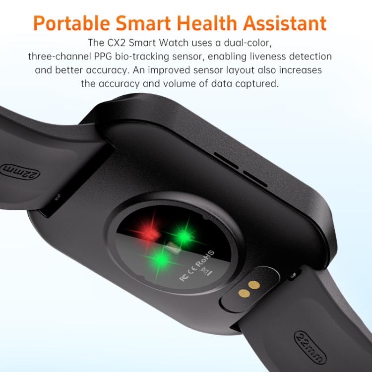 CX2 smart watch back showing optical health sensor and black silicone strap
