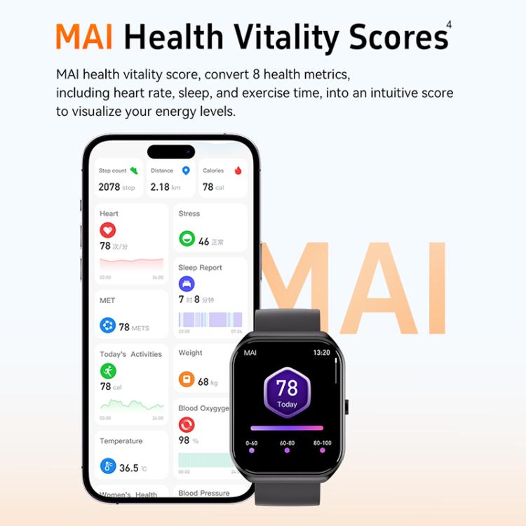 CX2 smart watch with dark strap and health vitality score display