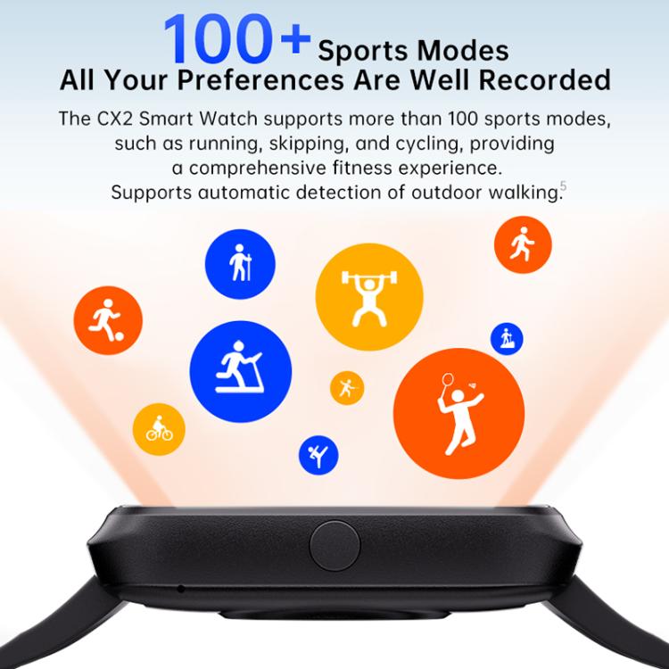 CX2 smart watch shown from the side, with a central button and curved strap