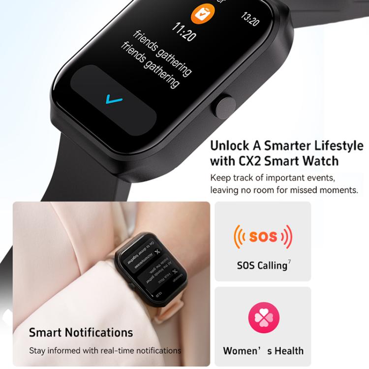 CX2 smart watch close-up showing event alerts and a side button