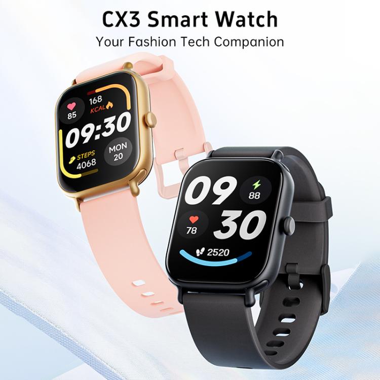 CX3 smartwatches in pink and black, showing fitness and health screens