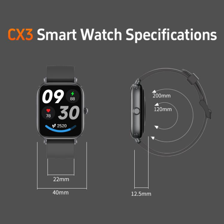CX3 smart watch with 40 mm case, 22 mm strap, and 12.5 mm thickness