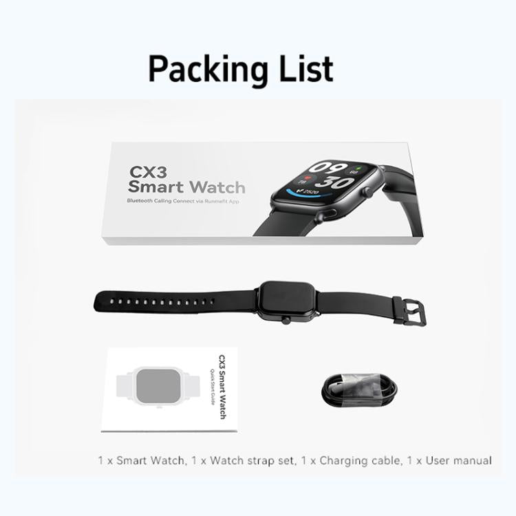 CX3 smart watch set with black strap, charging cable, and user manual