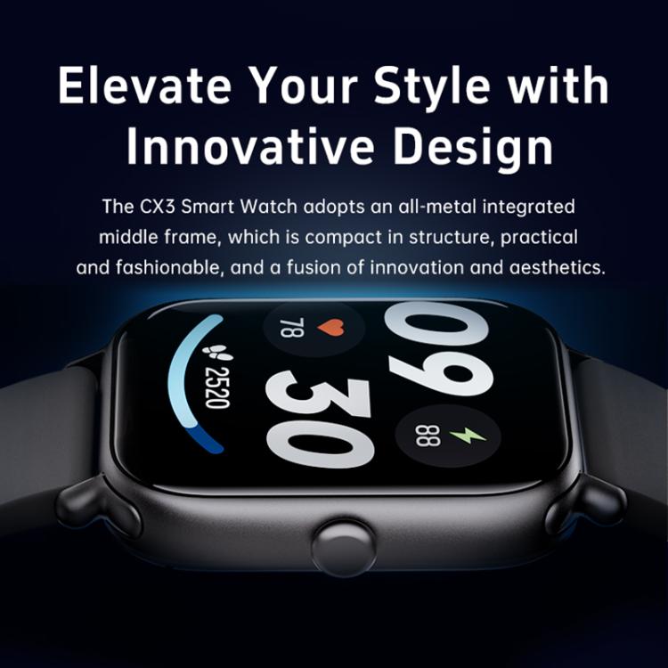 CX3 smartwatch close-up showing its metal frame and side button