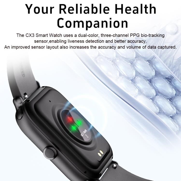 CX3 smartwatch rear with optical health sensor and charging contacts