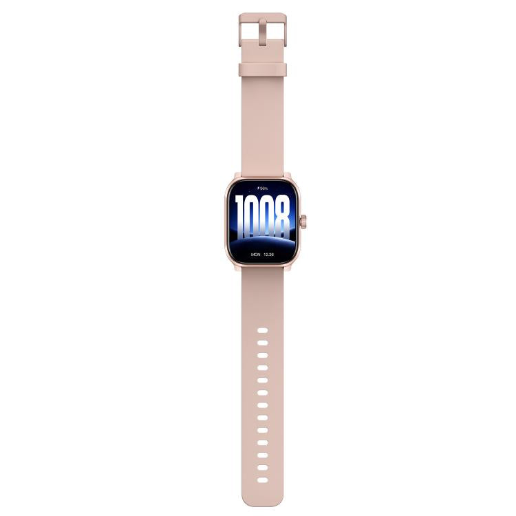Pink GS12 smartwatch shown vertically with its full-length strap fastened open
