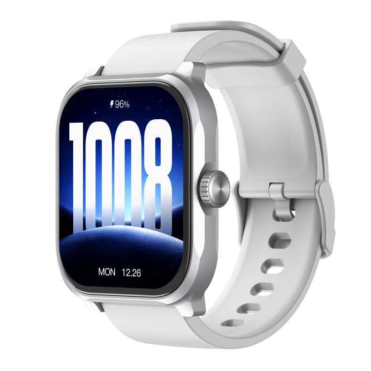 GS12 smartwatch with silver case, white band, and large rectangular display