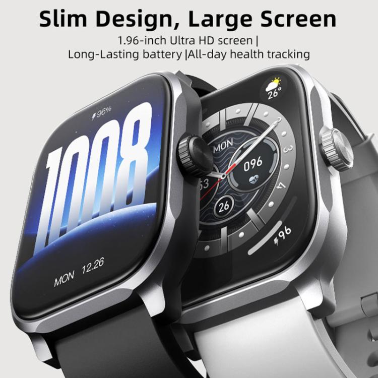 GS12 smartwatch shown with two watch face designs and a dark band