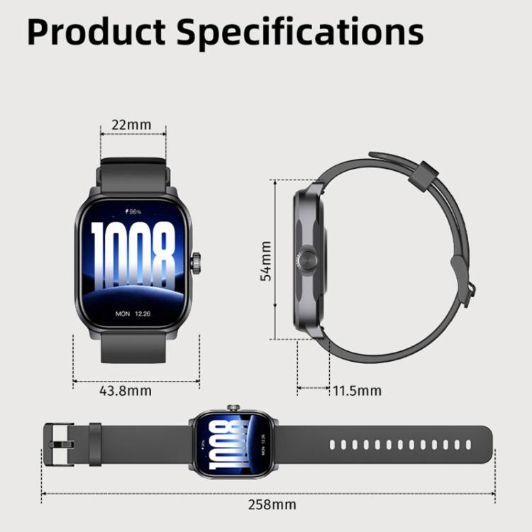 GS12 smartwatch in front and side views with case and strap measurements
