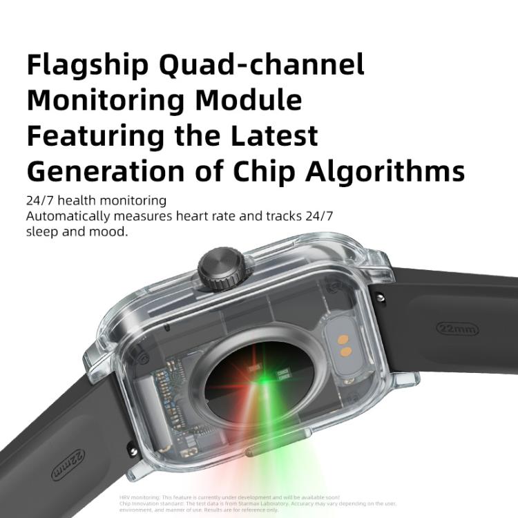GS12 smartwatch rear with optical health sensors and dark band