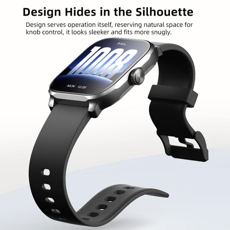 GS12 smartwatch with dark case, side crown, and curved black band