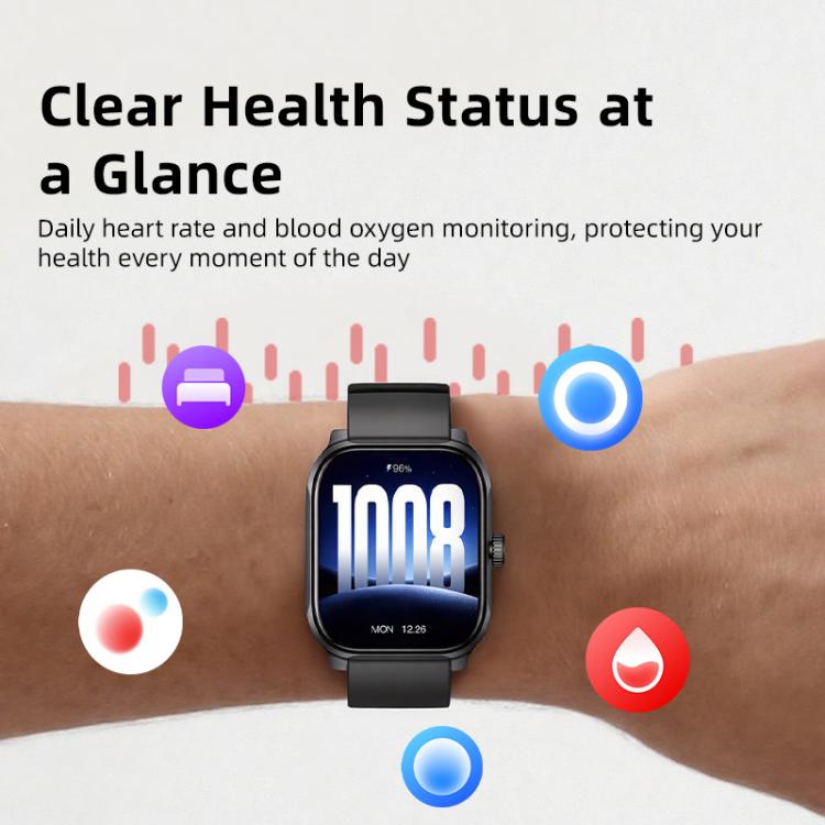GS12 smartwatch worn on a wrist, displaying the time and health tracking icons