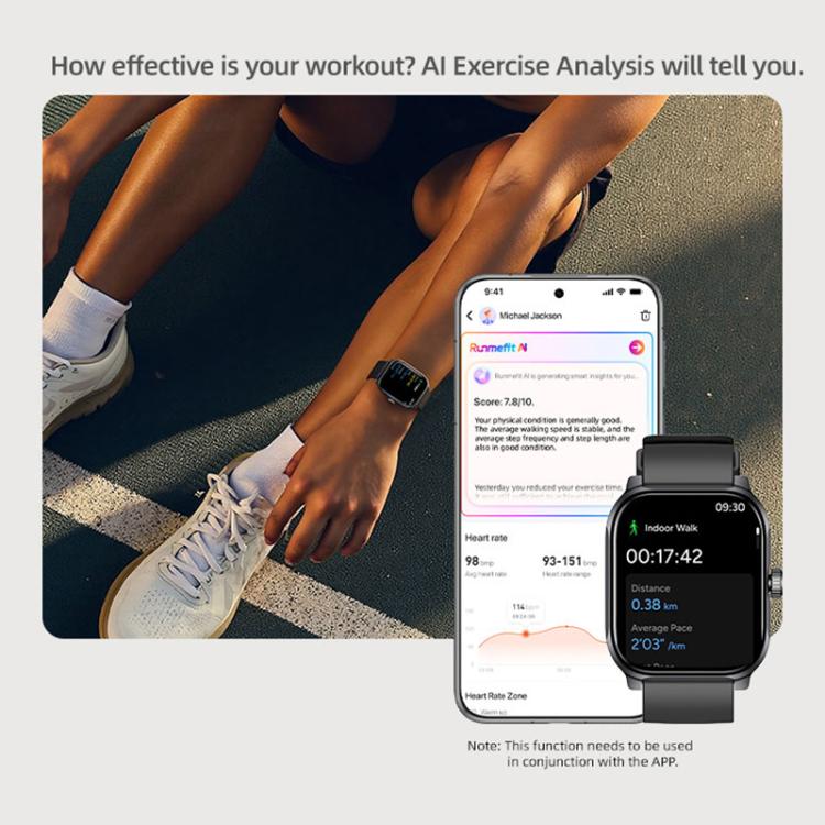 GS12 smartwatch and phone showing workout analysis and exercise tracking information