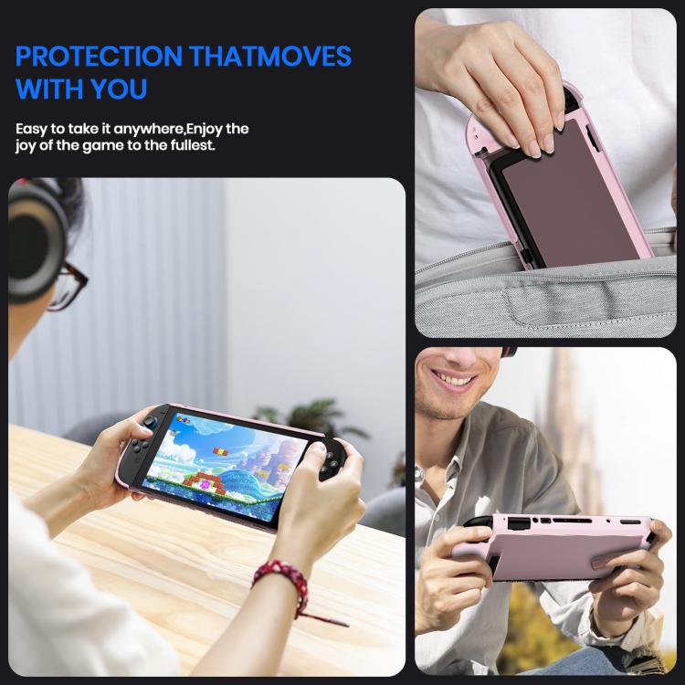 Pink TPU protective case with front cover installed on handheld Switch console