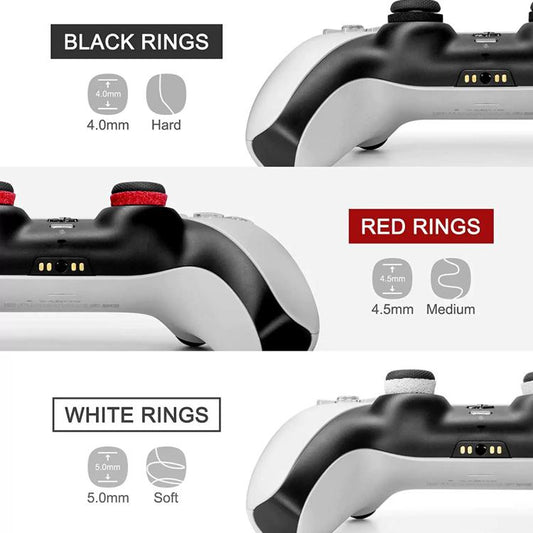 Silicone aiming rings in black, red, and white on controller grips