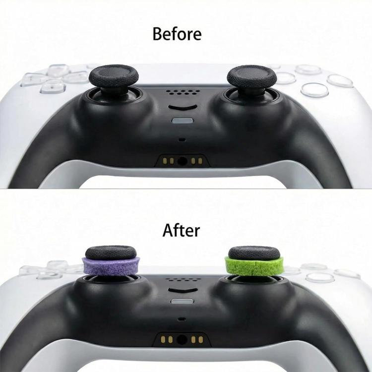 Controller thumbstick tops with installed aiming rings in dark and purple accents