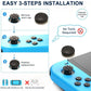 Black joystick thumb grip cap positioned for installation on a blue controller thumbstick