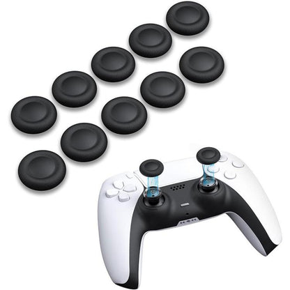Set of 10 black joystick thumb grip replacement caps with textured rubber tops.