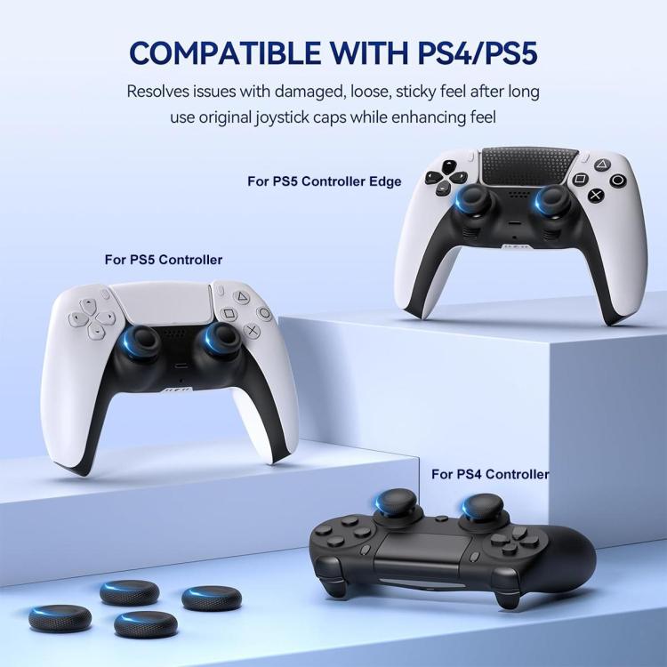 10-piece joystick thumb grip cap set shown with PS4/PS5 controllers, black caps installed.