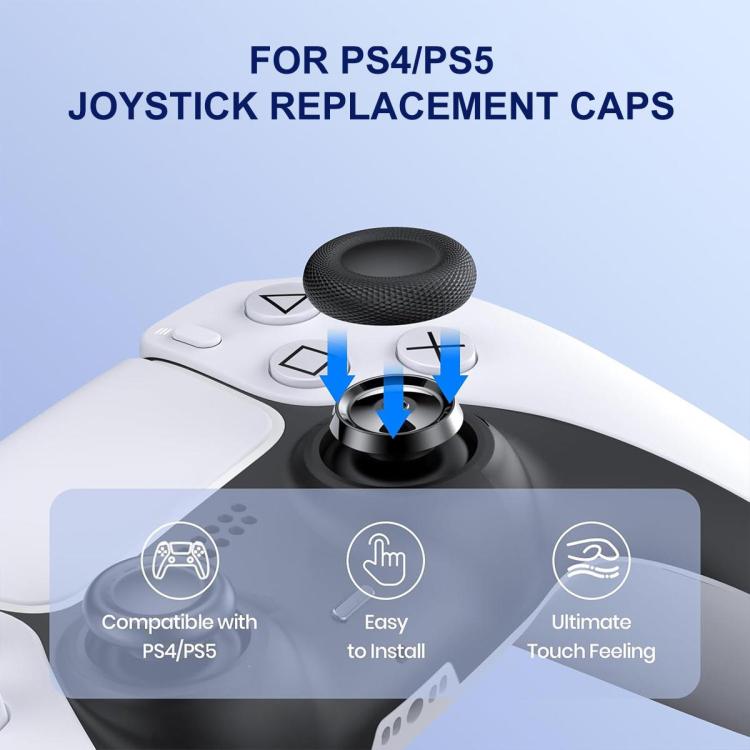 Black joystick thumb grip replacement cap installed on analog stick top for PS4/PS5.